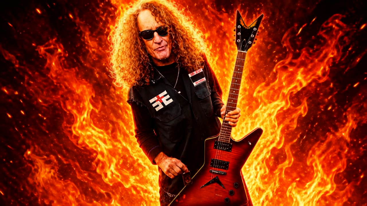 Arson County guitarist performing with a red electric guitar amid flames